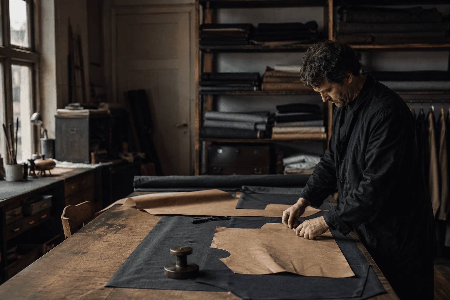 Artisan cutting dark wool in an independent atelier